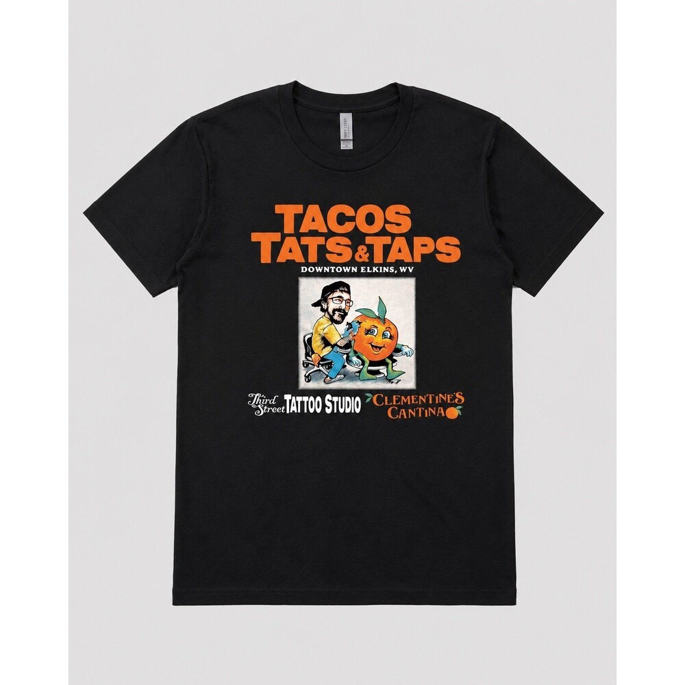Tacos Tats & Taps Graphic Tee – Size Medium – Downtown Elkins WV – Local Shirt